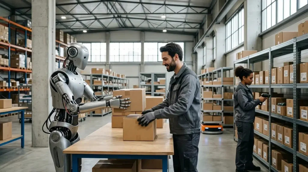 A humanoid robot working alongside human warehouse employees, illustrating which jobs humanoid robots could realistically automate in 2026