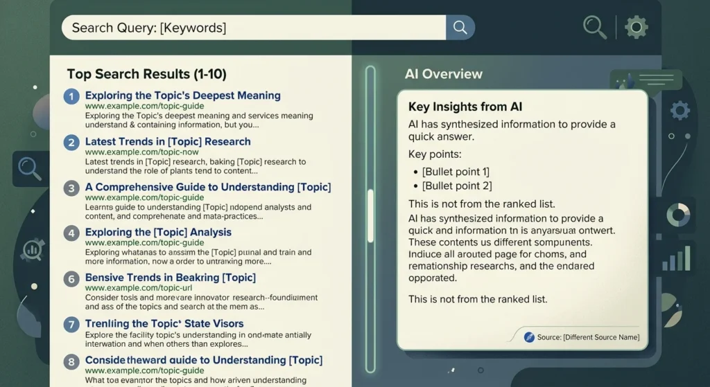 Illustration comparing a page's Google ranking position with a separate, unranked source being cited inside an AI Overview