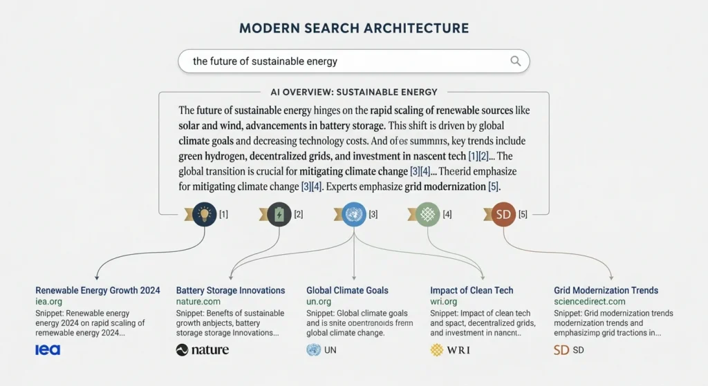 Illustration representing how Google AI Overview generates answers and cites website sources