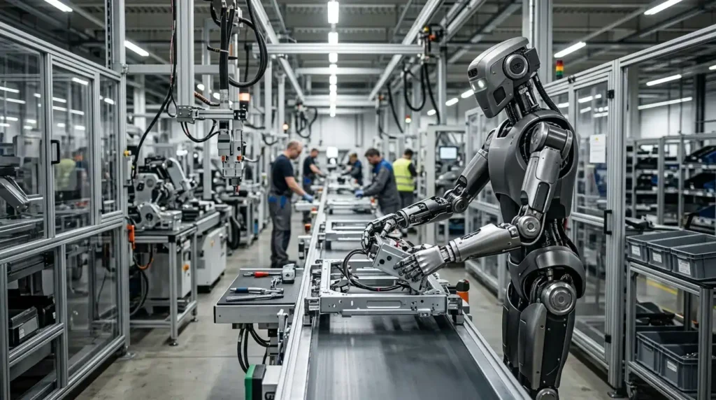 A humanoid robot on a factory production line, illustrating the gap between Tesla Optimus's target price and its current production cost in 2026