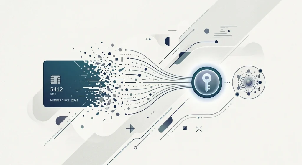 Illustration representing a credit card being tokenized for secure use by an AI shopping agent
