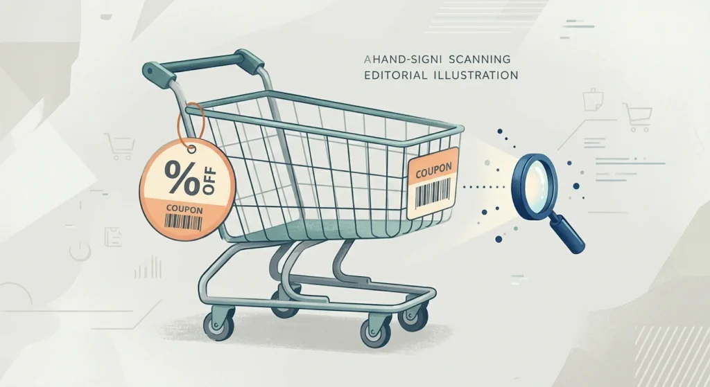 Illustration representing an AI shopping agent searching for and applying a coupon code at checkout