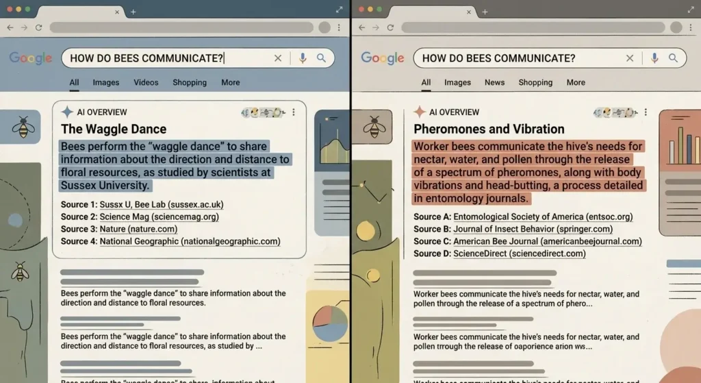 Side-by-side comparison showing Google AI Overview producing a different answer to the same search