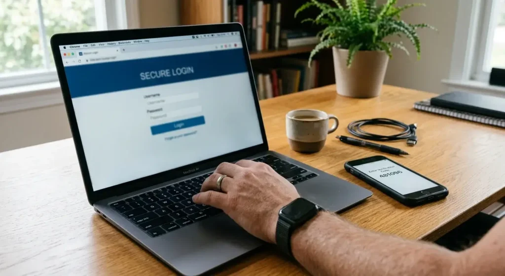 Laptop showing a website login screen with a phone displaying a verification code beside it, illustrating AI agents that need a person to sign in