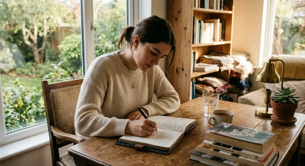 How Do You Learn to Like Yourself? A person journaling at a desk, representing the gradual process of building self-liking through reflection