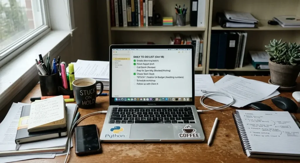 Laptop on a desk showing a task list with some items completed and others unfinished, representing the real-world limits of AI agents